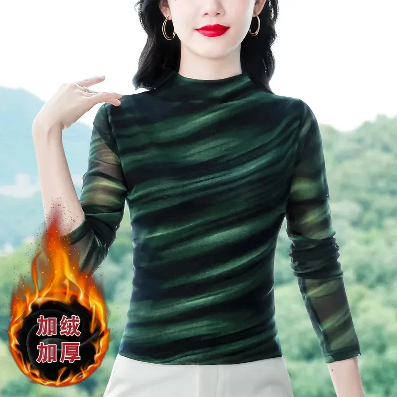 

Bottoming Shirt for Women Double Layer Mesh Printed Long Sleeve Half Turtleneck Plus Velvet Thickened Autumn and Winter Warm Top