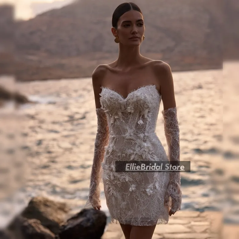 Пляжные короткие свадебные платья со съемными рукавами, милое кружевное гражданское свадебное платье с аппликацией, платье de novia по индивидуальному заказу