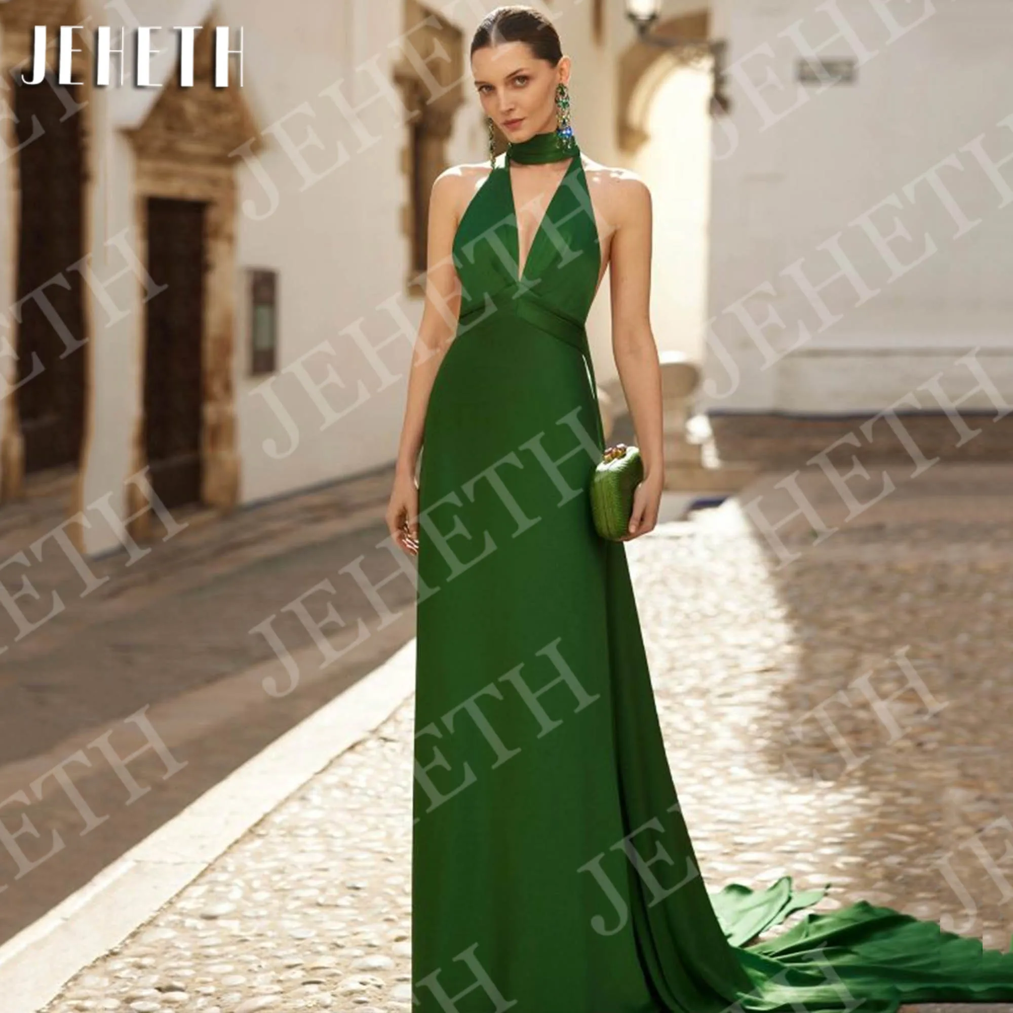 

JEHETH Backless Evening Dresses Woman Elegant Mermaid Halter Deep V Neck Satin Long Banquet Dress Customized vestidos de fiesta