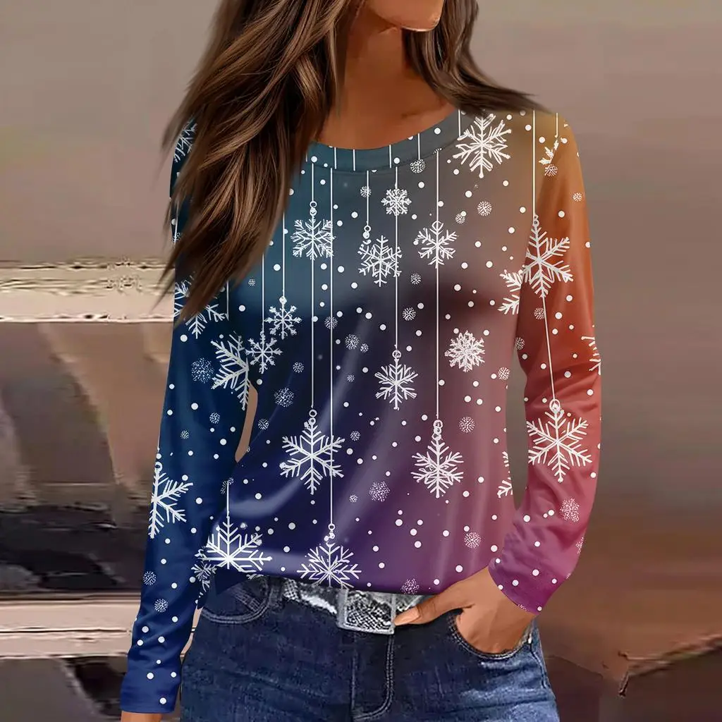 Kerst stijl dames 3D sneeuwvlok print trui ronde hals lange mouwen T-shirt feestelijke kleur casual losse herfst top
