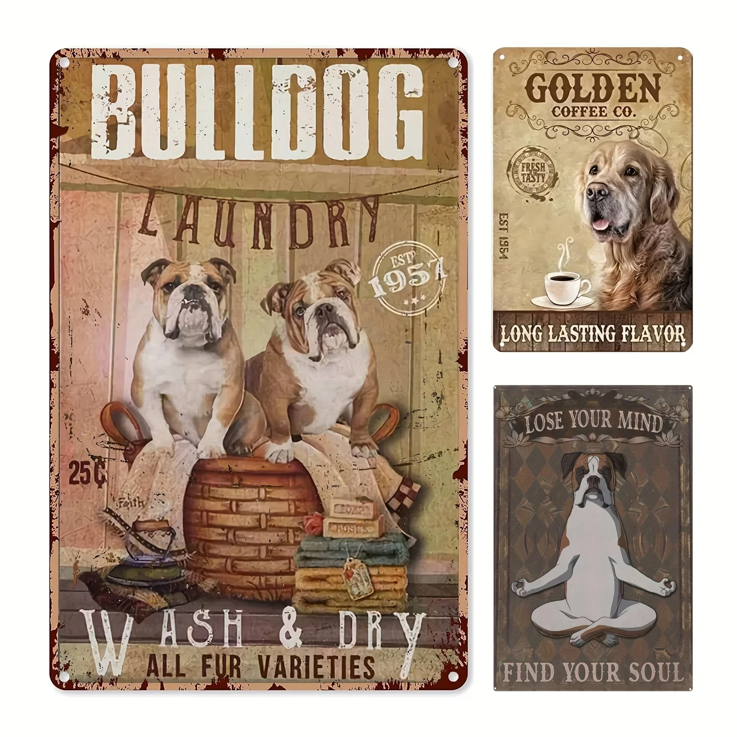 

1pc Tin Sign Bulldog Laundry Wash Golden Coffee Co Metal Vintage Plaque Lose Your Mind Wall Art for Living Room Indoor Bar Farm