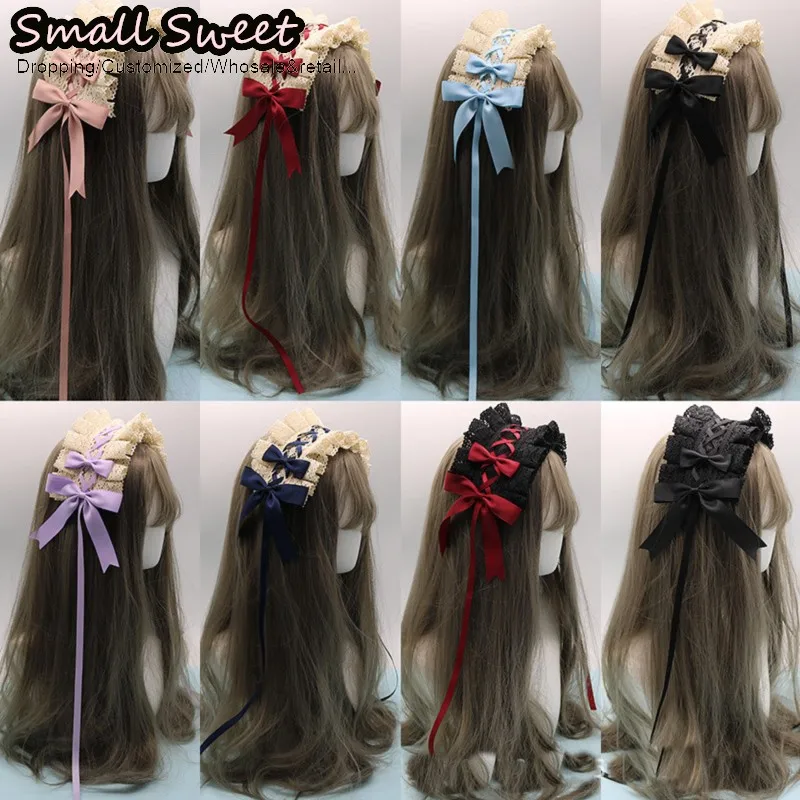 Women Y2k Girl Hair Ribbon Japanese Sweet Lolita Headband Ruffle Lace Bow Hair Sash Hairband Headwear Cosplay Hair Accessories