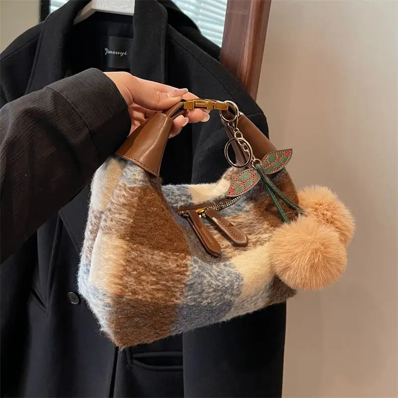 

JIAERDI корейская шерстяная клетчатая сумка женская на молнии большая вместительная сумка на плечо женская винтажная осенне-зимняя новая сумка через плечо 2025