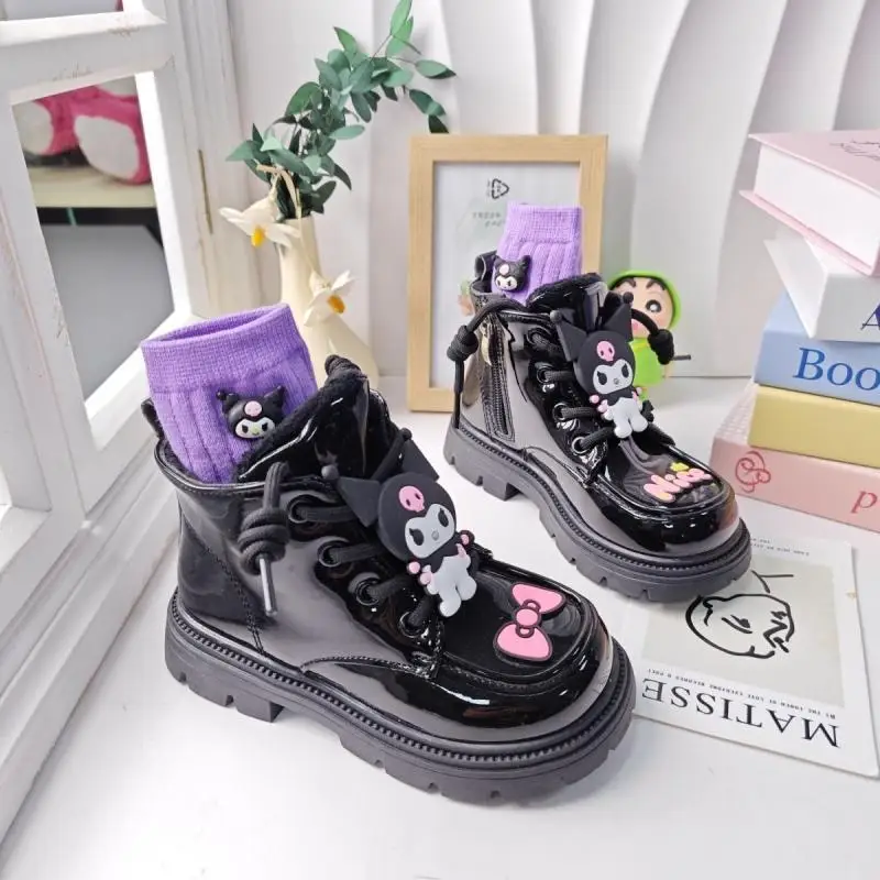 Kuromi Girl Glossy Leather Boots Winter Sanrios Child Fashion Anime Figure Kawaii Cartoon Velvet Boots Autumn Cotton Boots