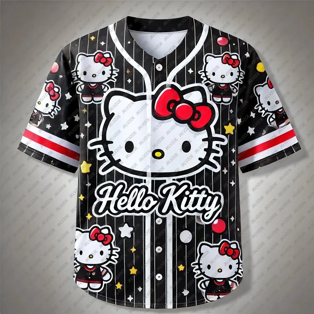 

MINISO Hello Kitty Special Edition Baseball Uniform Summer Button Football Jersey Breathable Baseball Tee Women Men Short Sleeve