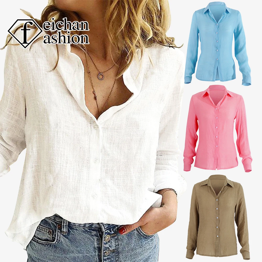 Womens Linen Blouses,Summer V Neck Roll up Sleeve Button Shirts,Trendy Casual Shirt of Women