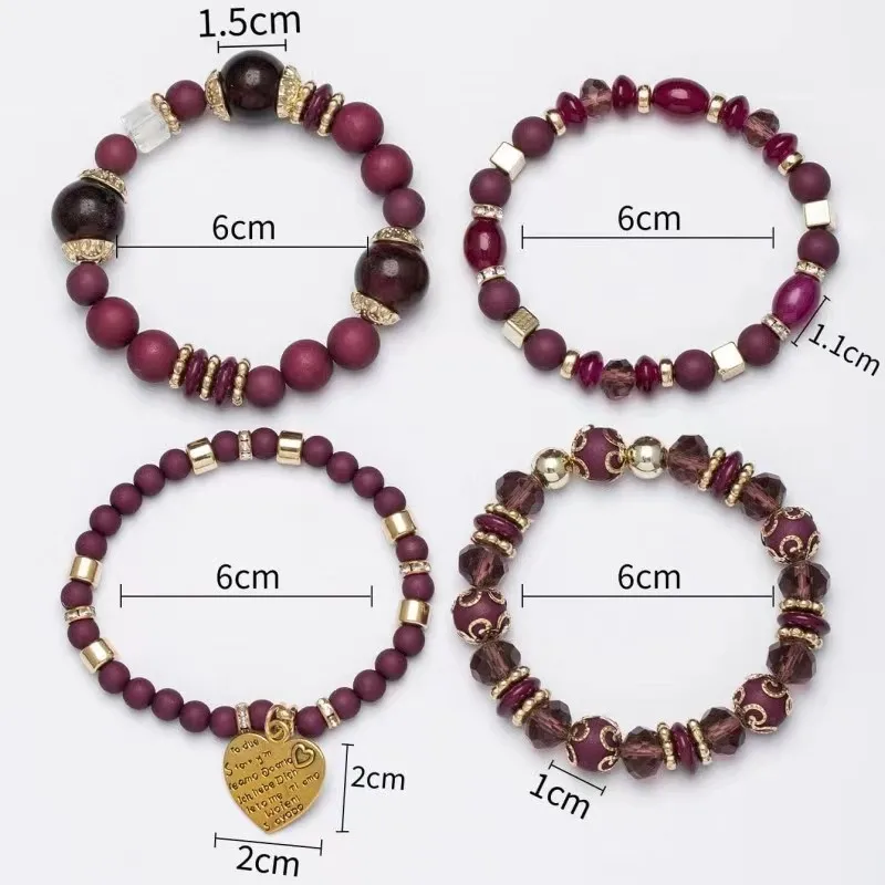 4Pcs Boho Crystal Beads Chain Bracelet Set For Women Vintage Heart Charm Elastic Bangle Men Fashion Party Jewelry