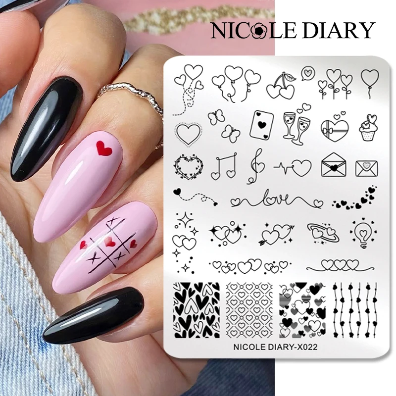 NICOLE DIARY Heart Love Nail Stamping Plates Image Template English Letter Geometry Line Printing Stencil Nail Art Manicure Tool