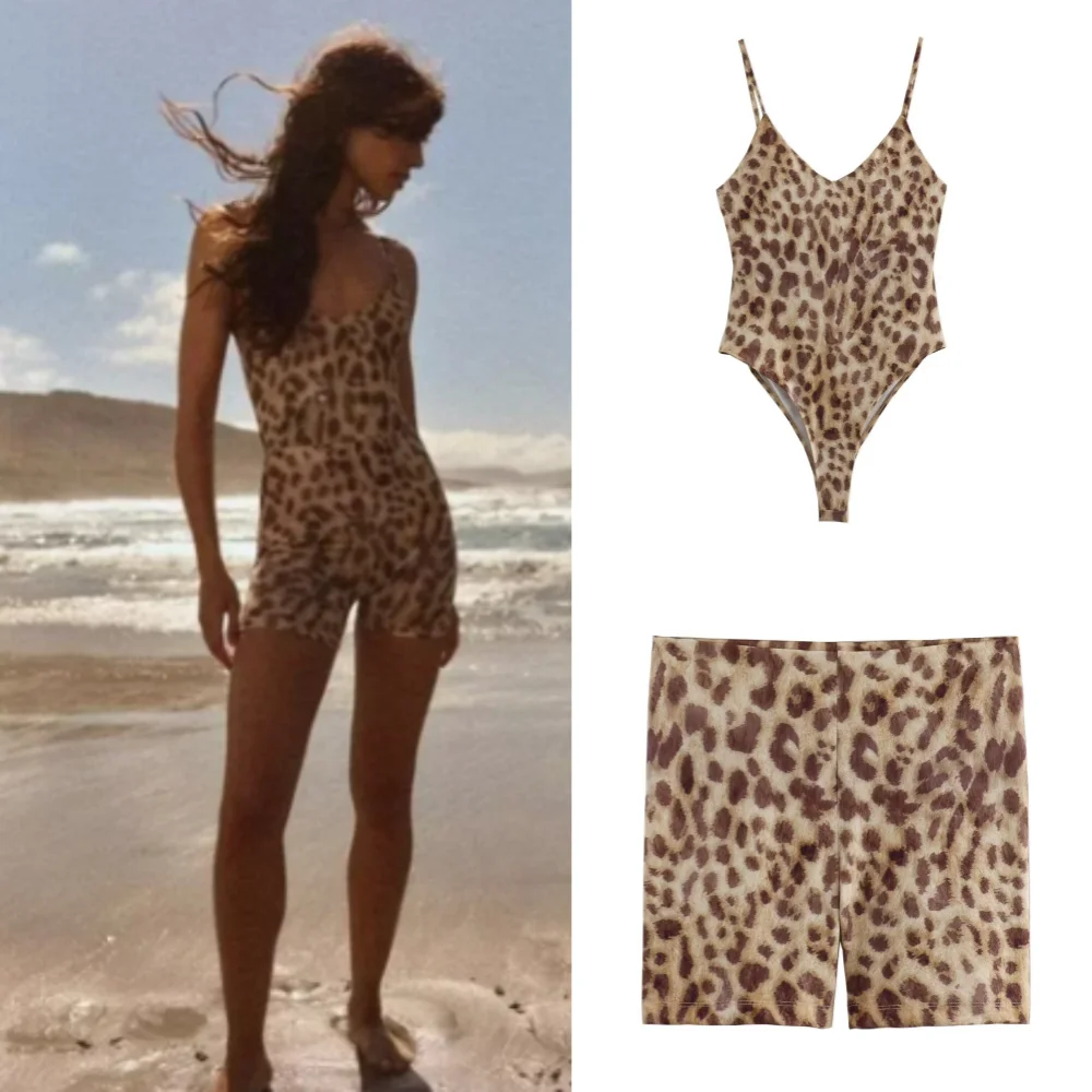 

Summer Women's Sexy V-neck Sleeveless Women's Slim Fit Jumpsuit Set Thin Retro Leopard Print Style Women's Casual Shorts