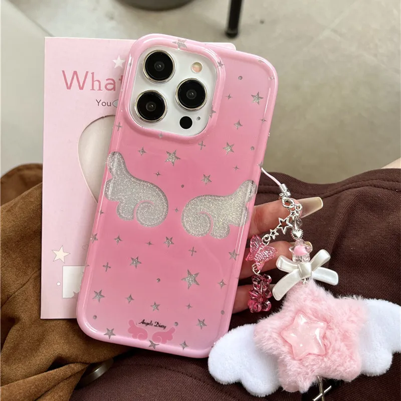 لطيف التدرج قوس قزح الكرتون ستار أجنحة الملاك بريق جراب هاتف آيفون 13 14 15 16 برو ماكس شعر رقيق ستاردست الكروب