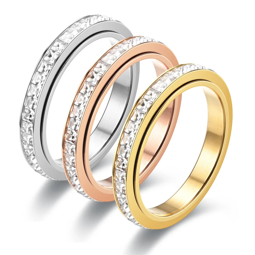 Iced Out CZ Spinning Anxiety Fidget Rings For Men Women Stainless Steel Anti Stress Ring Rotating Spinner Trend Jewelry KBR147