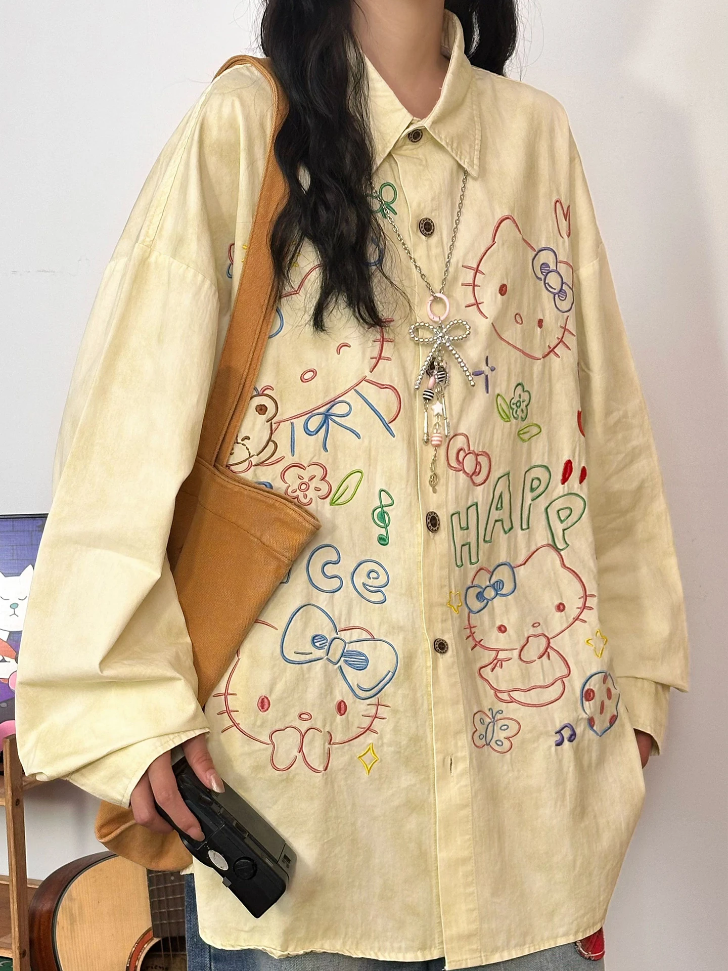 

Original Japanese Sle HelloKit Embroidery Long Sve irt Women's Early Autumn Artistic Open Cardigan Top Cotton Breath...