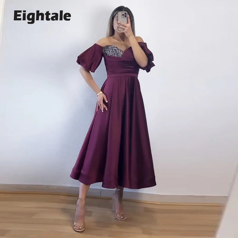 

Eightale Short Evening Dresses Sweetheart A-Line Beaded Prom Gowns Satin Wedding Party Dress Tea Length vestido feminino