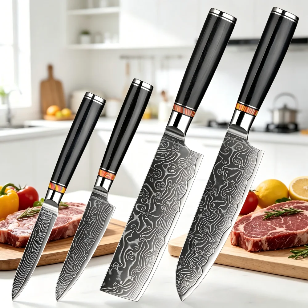 XITUO Professional Kitchen Knives 1-4PCS Set, Damascus Steel Sharp Santoku, Nakiri, Utility, Paring Knife, with Blackwood Handle