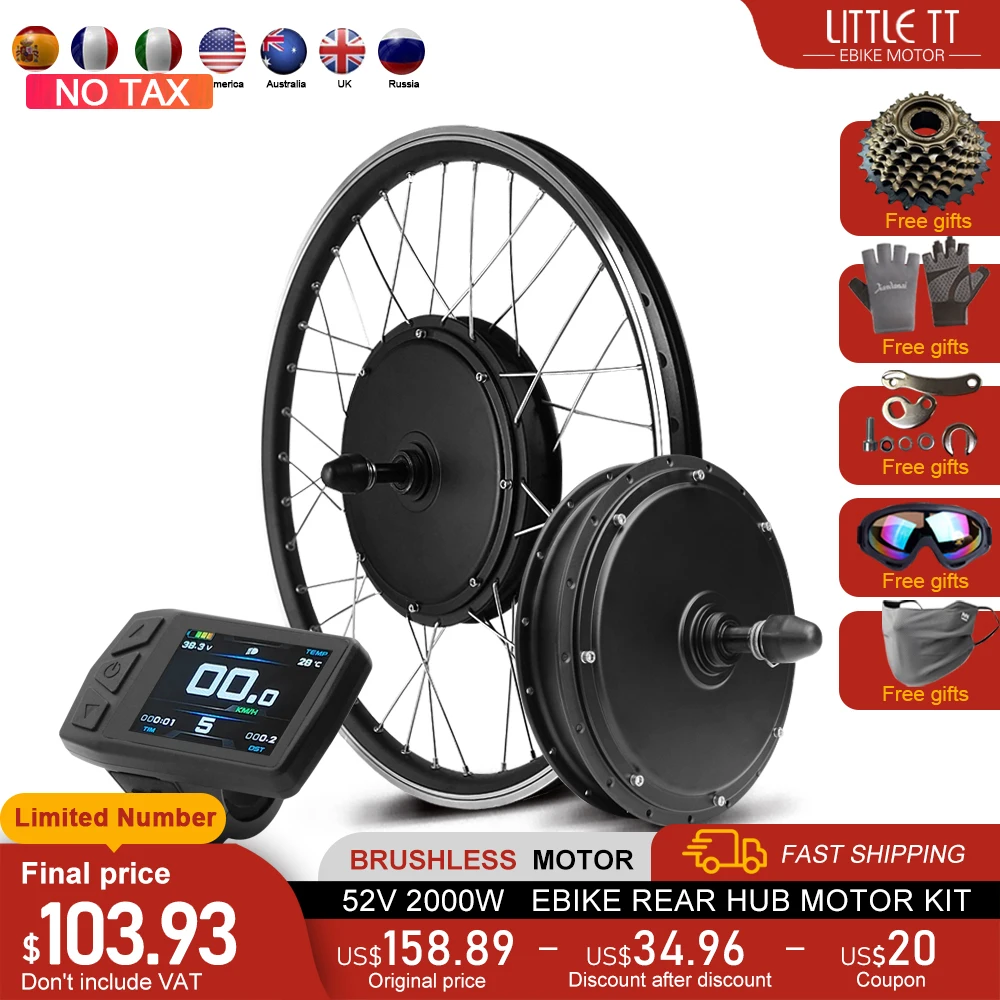 

52V 2000W Electric Bike Conversion Kit 20/26/27.5/29 inch Ebike Brushless Gearless Rear Hub Motor Wheel For Ebike Conversion Kit