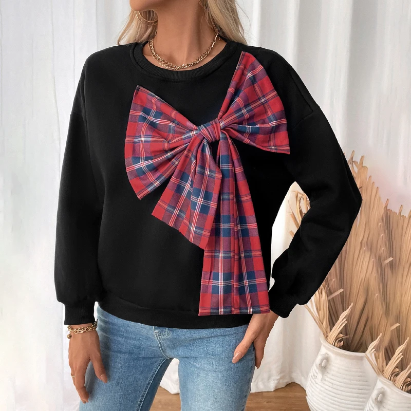 

Women's Black Plaid Big Bow Decor Sweatshirt Casual Loose Round Neck Long Sleeve Pullover Top