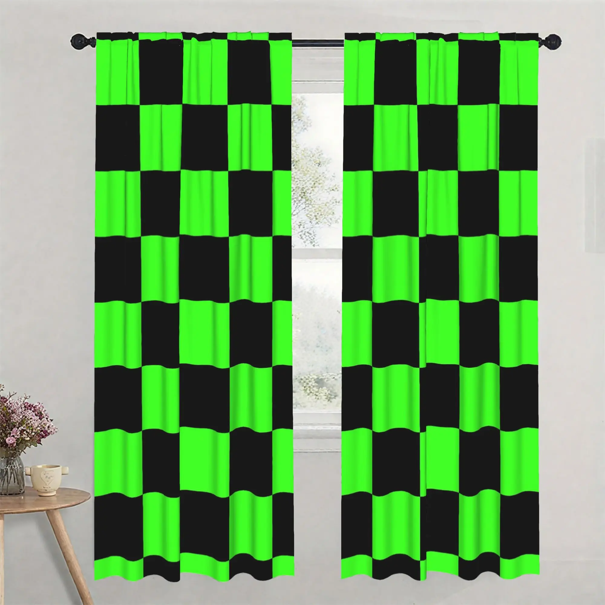 Black and Neon Green Checkerboard Pattern Curtains Drapes Modern Abstract Window Room Decor Stylish House Curtains