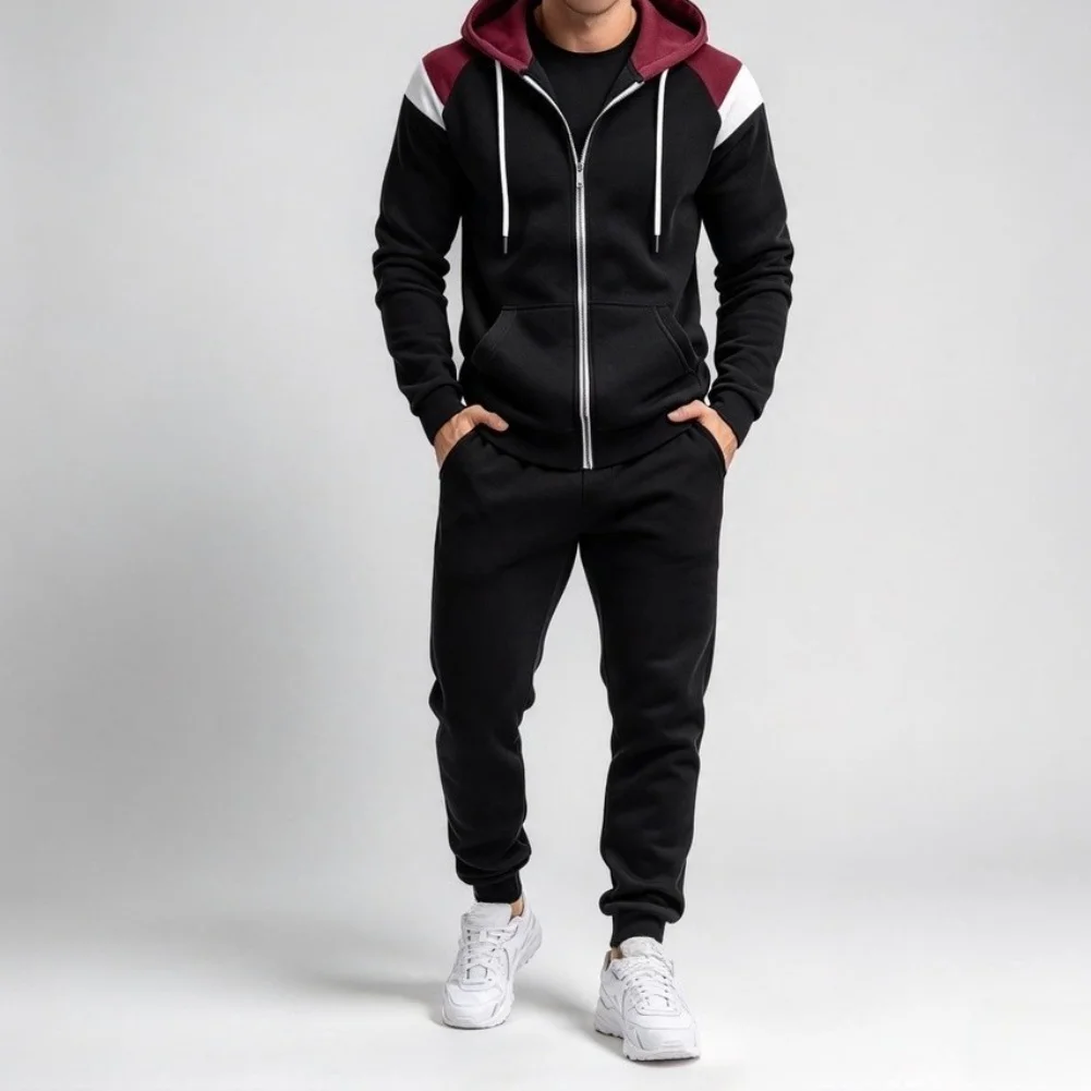 Autumn Winter Men's Hoodie Pants Two-Piece Set for Running Sports Casual Wear with Comfortable Polyester Spandex Blend