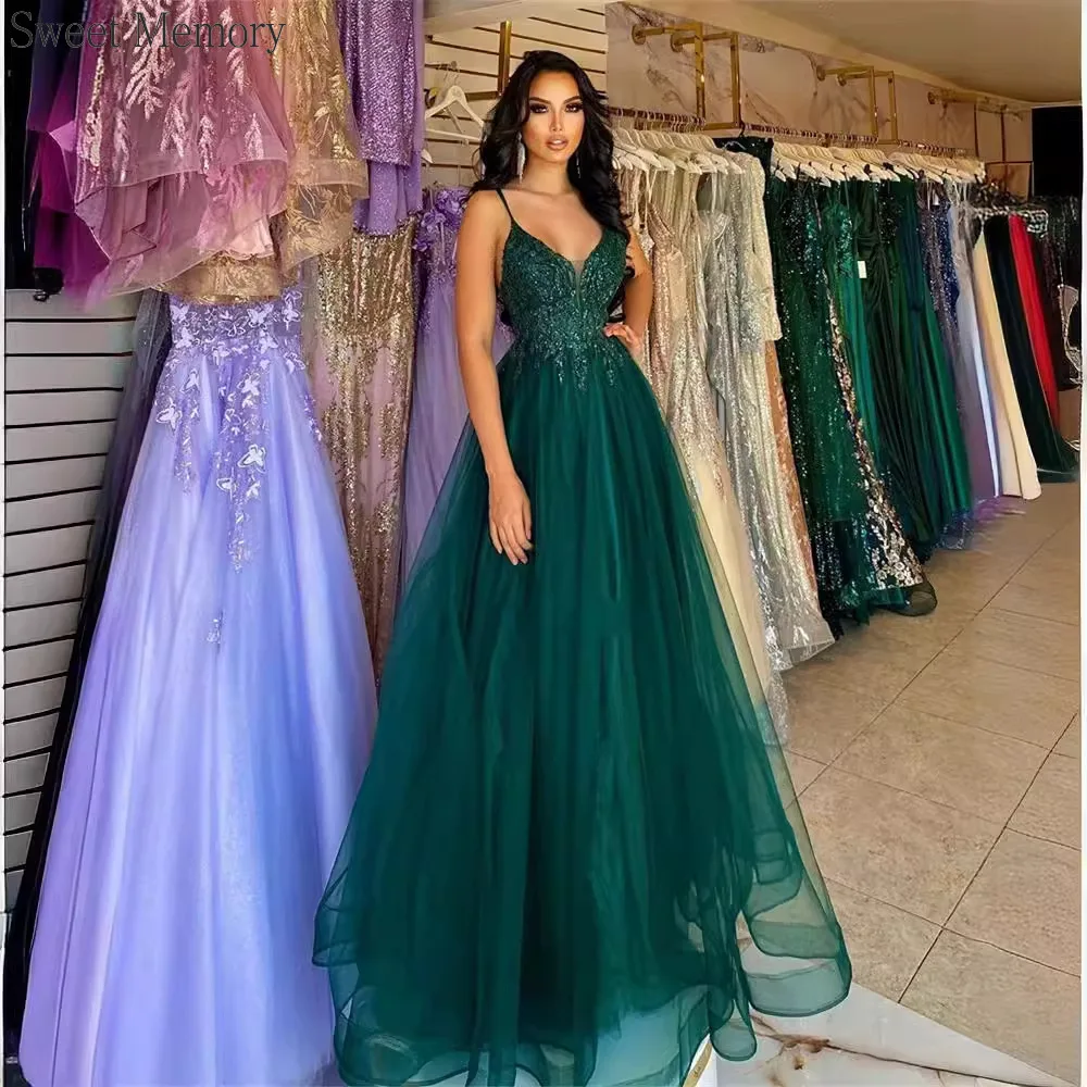 N129 personalizado verde escuro vestido de noite formal doce memória senhora sexy banquete anfitrião cinta espaguete vestido de festa de casamento