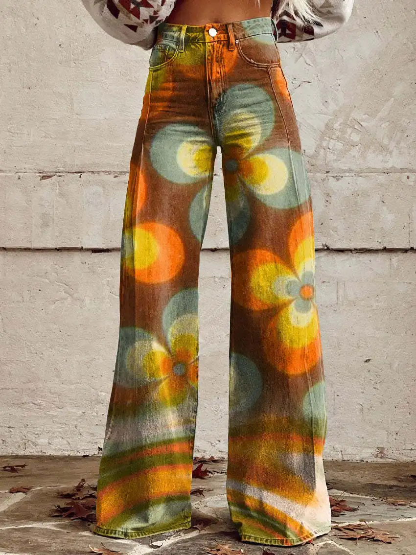 

Spring, summer, and autumn women's pants 3D digital printing imitation denim thin fabric color blocked wide leg pants flared pan