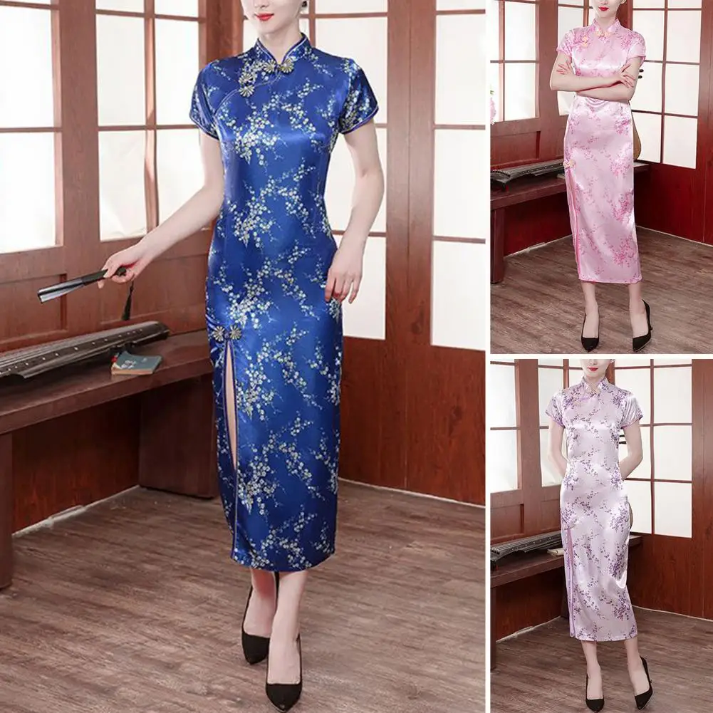 

Vintage Style Cheongsam Elegant Faux Satin Long Cheongsam Chinese Style Stand Collar Short Sleeve Qipao Flower Print for Special