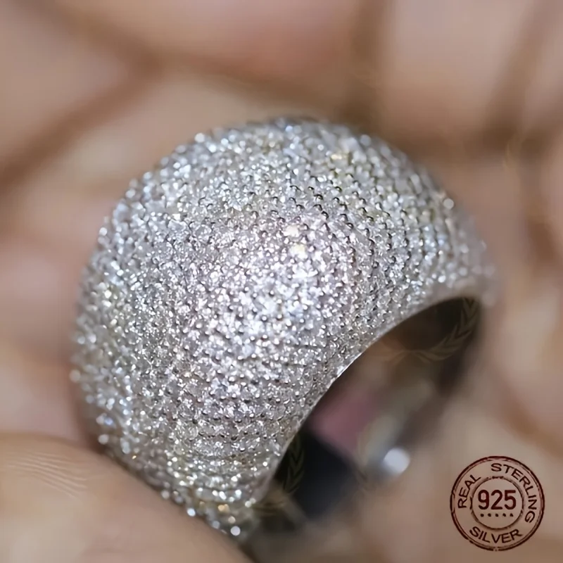 925 Sterling Silver Fully Iced Out Bustdown Hip Hop Rings Round Cut Zircon White Gold Plated Men‘s Wedding Band Ring