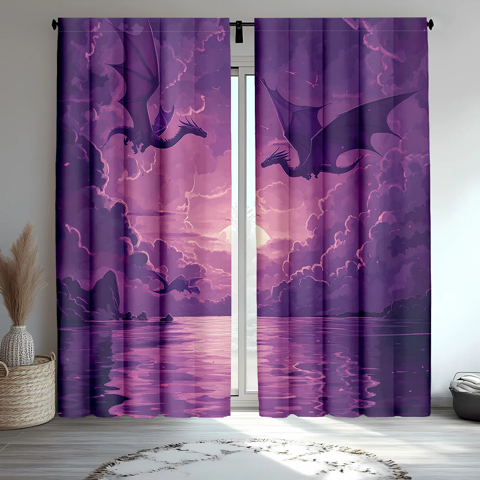 Dramatic Purple Dragon Curtain Set Fantasy Window Curtains Home Decor Gothic Style Sunlight Filter Fairy Tale Window Dressing
