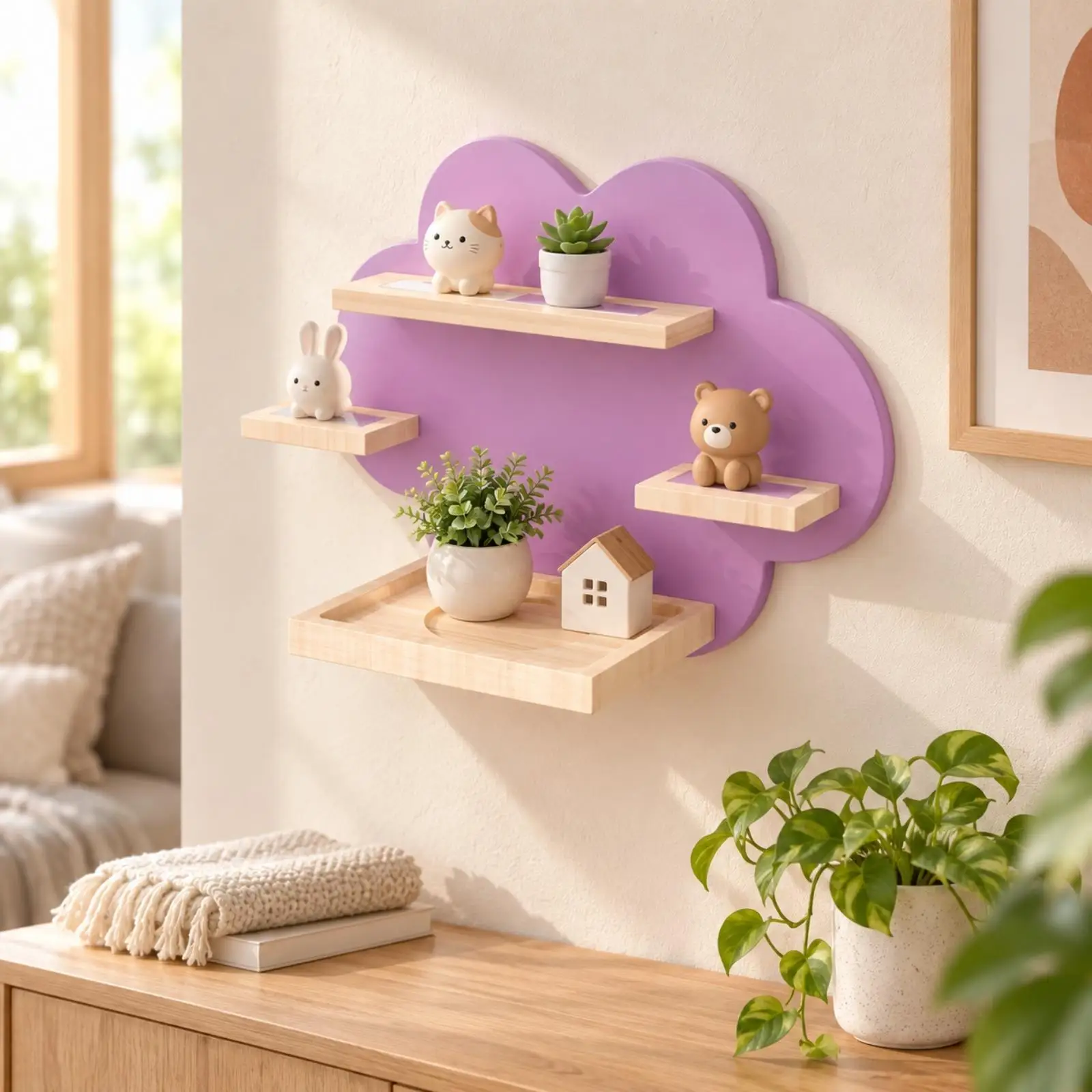Wooden Floating Shelf Display Rack with Multiple Levels for Collectible Figures and Home Accent Pieces