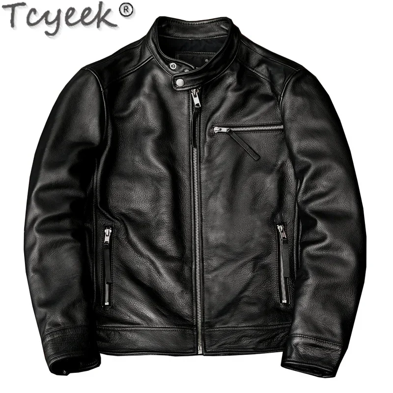 Cowhide Tcyeek Genuine Leather Men Clothing Black Short Coats Autumn Motorcycle Men's Jacket Plus Size Jaqueta Masculina