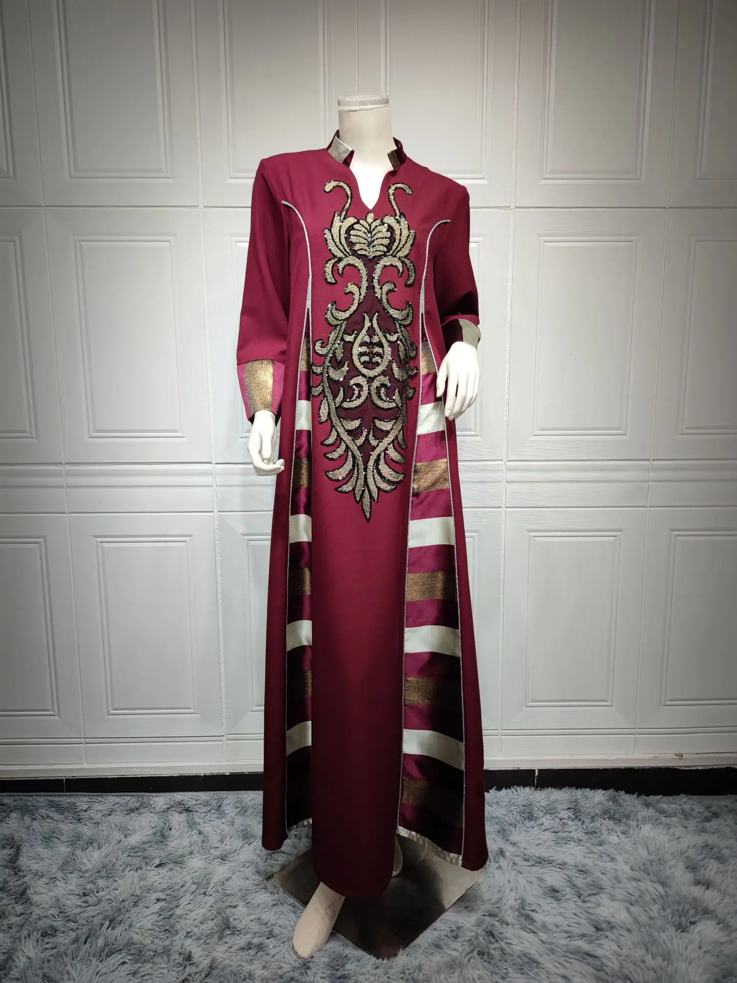 Elegant Casual Floral Embroidery Patchwork Long Dresses Vintage Contrast Color Kaftan Ramadan Gulf Abayas For Women