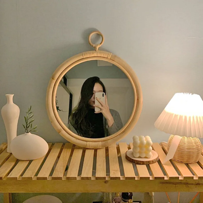 

Rattan Light Makeup Mirror Entrance Decoration Wall Mirror Hanging Hole Design Mirror For Makeup HD Mirror Rattan Mirror