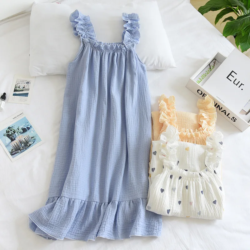 Soft Seersucker Nightdress Suspender Women\'s Cotton Nightgown Summer Cool Home Wear Dress Outside Wear Cute Sleepwear Nightwear