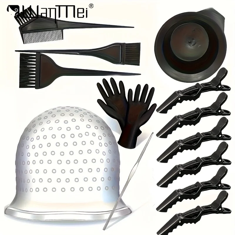 

Barber Professional Hair Dyeing Cap with Metal Hook Gloves Color Mixing Brush Bowl Tools Hair Coloring Accessories Salon