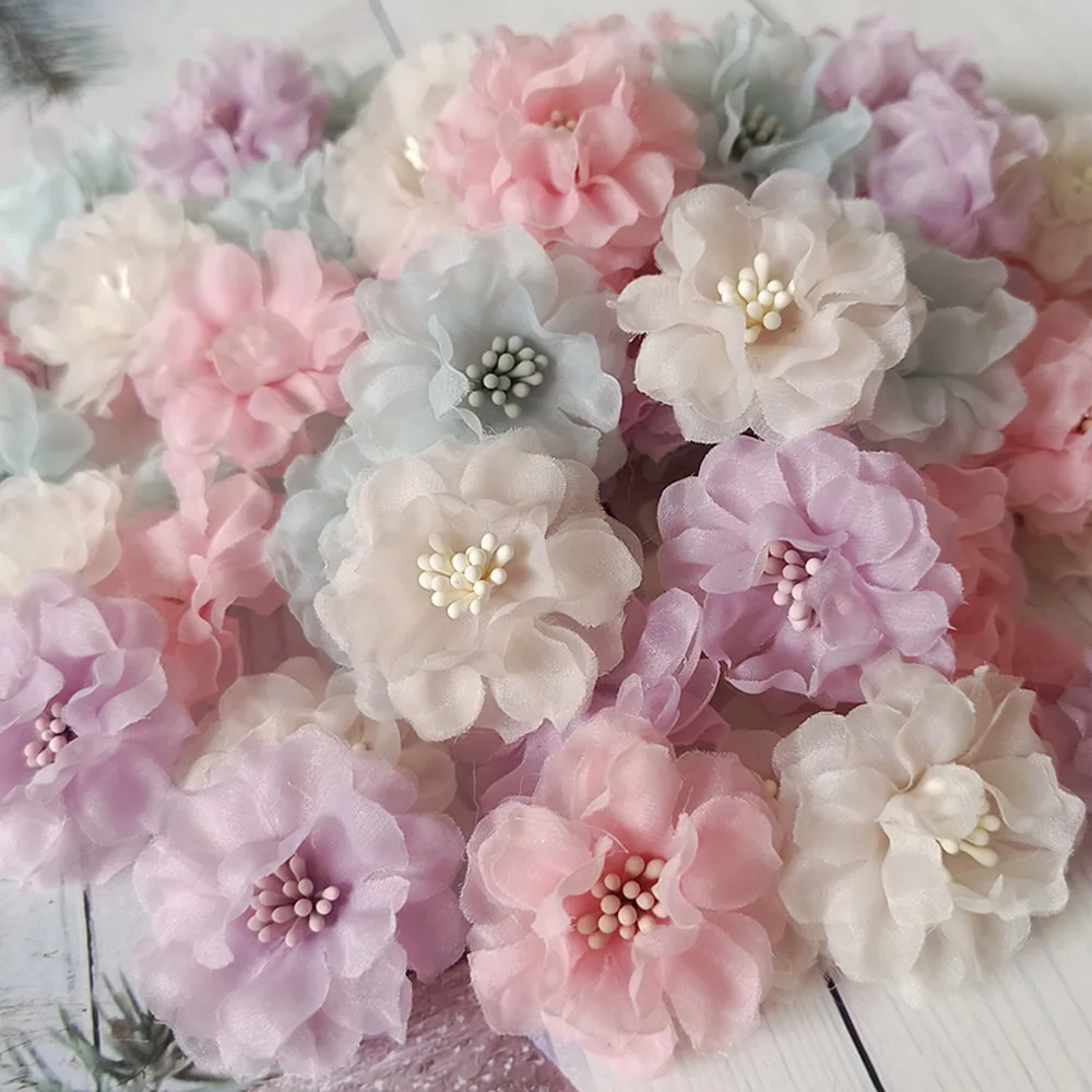 10Pcs 4CM Handmade Chiffon Multilayer Fabric Cored Flowers For DIY Hair Accessories Hats Headband Wedding Dress Decoration