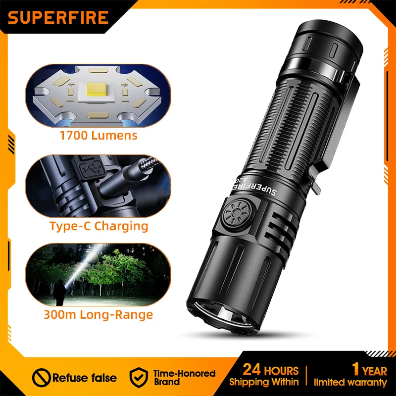 SUPERFIRE-linterna A20 EDC recargable tipo c, batería 21700/18650/3AAA, portátil, táctica, iluminación de emergencia para Camping