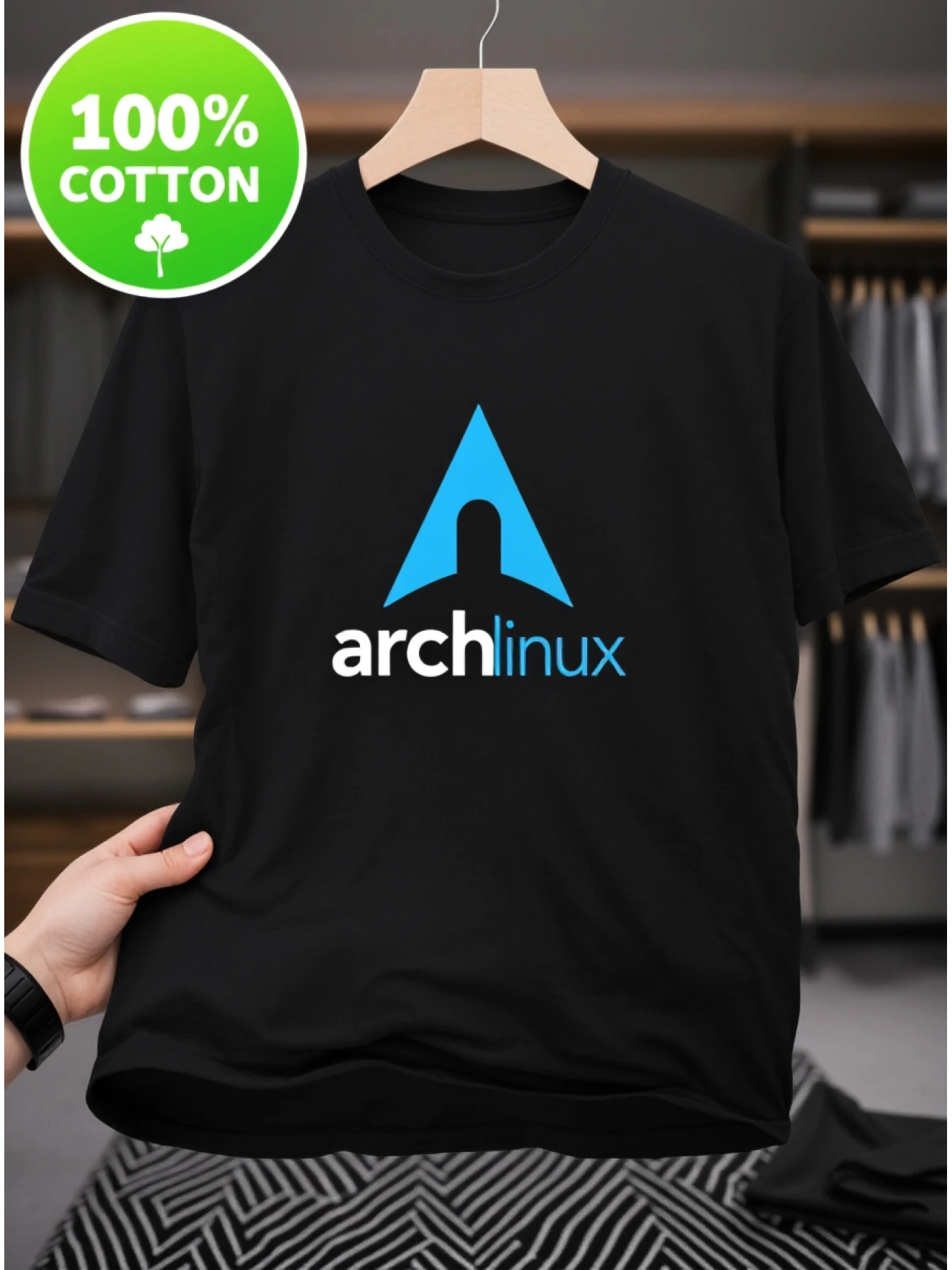 Men's Arch Linux Logo T-shirt | Plain short-sleeved crew neck shirt with Arch Linux mascot and iconic logo print.