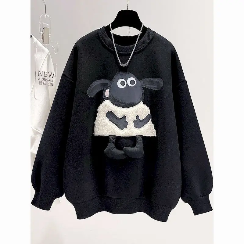 Plush Pullovers Women Cute Design O-Neck Pullover Tops Fashion Casual Loose Thicken Top Sweatshirt 2024 New Autumn Winter Trend