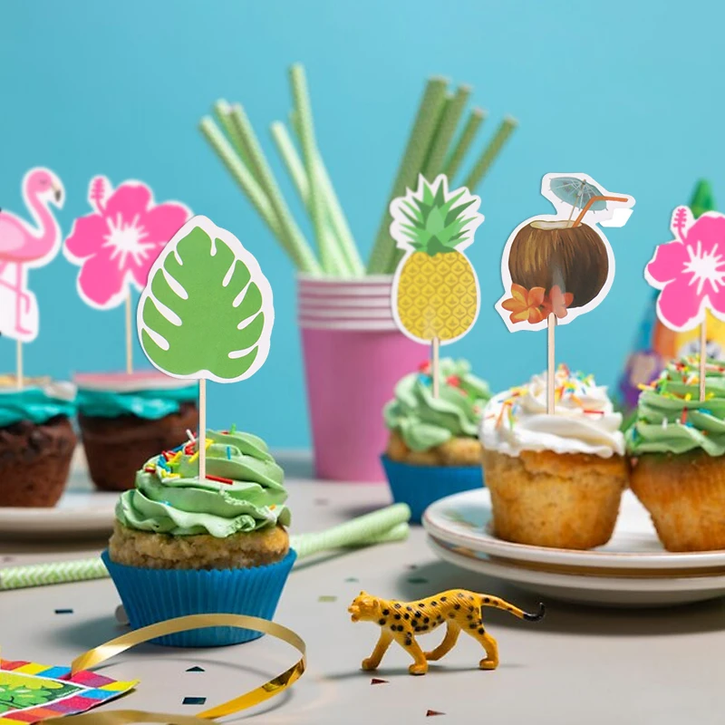 24/48Pcs Tropical Summer Cupcake Topper Hawaiian Flamingo Pineapple Palm Leaf Flower Cakes Decorations Luau Birthday Part Supply