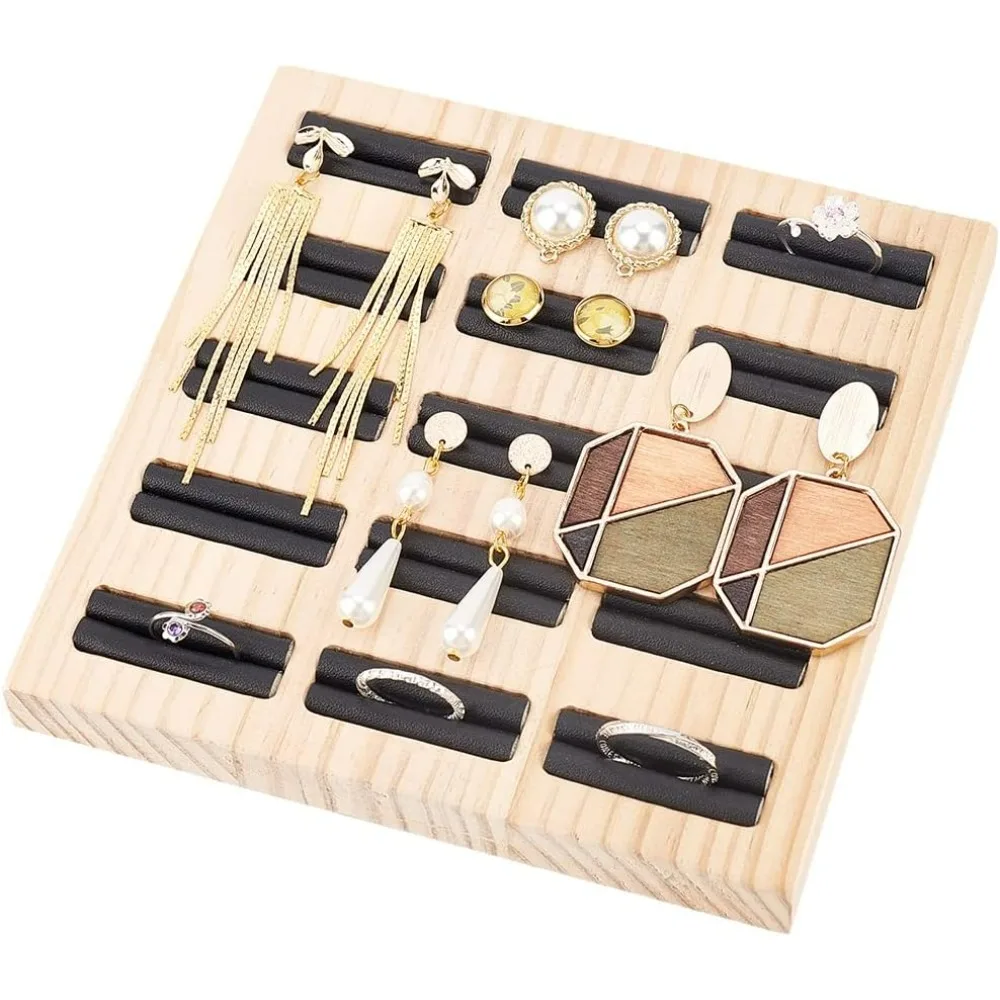 Ring Earrings Trays Black Leather 15 Slots Bamboo Ring Holder 5.91x5.91x0.67inch Ring Display Board Display Stand Jewelry