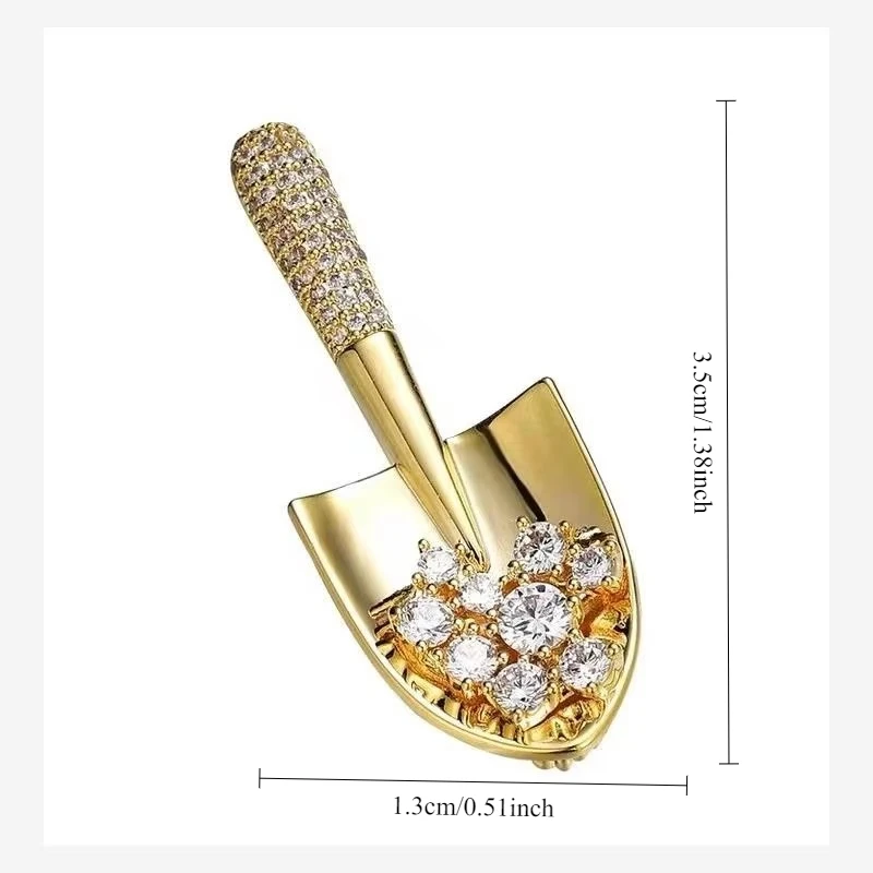 Unique Design Gold Color Rhinestone Shovel Brooches for Women Men Dripping Oil Metal Pins Suit Jewelry Accessories