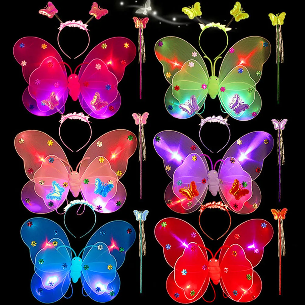 

4pcs Fairy Costume Set For Girls Led Double Layer Wings Wand Headband Tutu Skirt Kids Party Angel Outfit Pink Lightweight