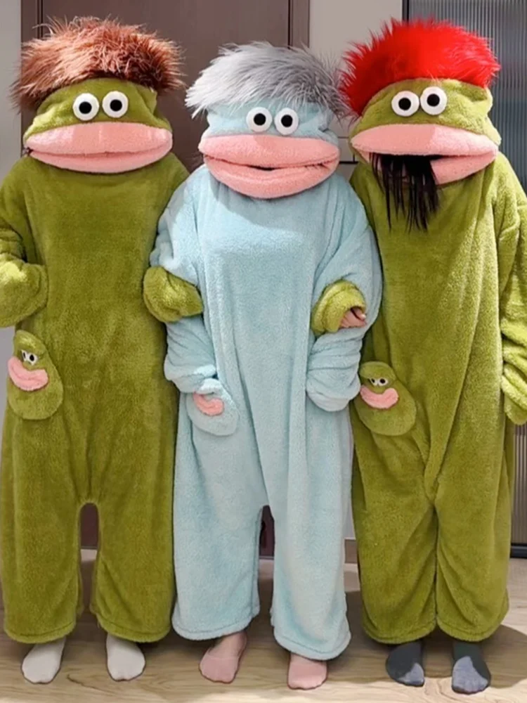 Generieke Big Mouth Monster Onesie Pyjama's Winter Dikke koraalfleece Lelijke schattige grappige warme loungekleding voor volwassenen Groen lichtblauw - afbeelding 2