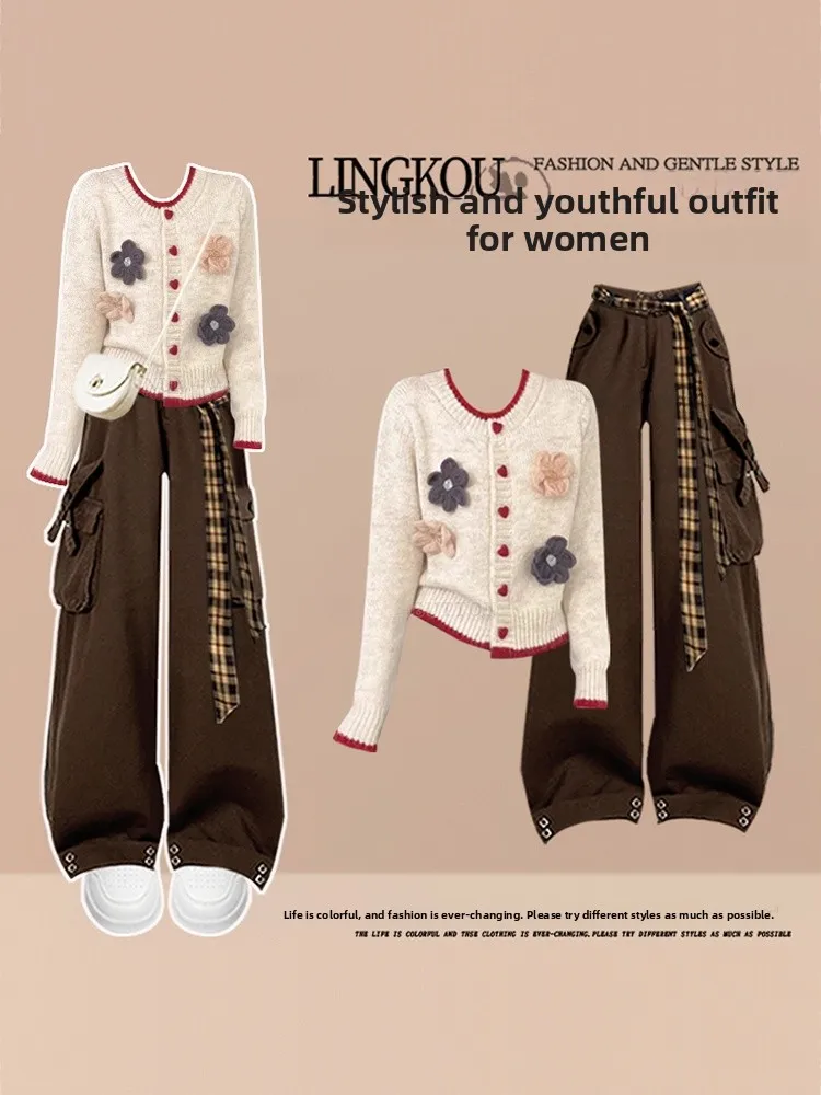 Fashionable Knitted round Neck Sweater And Pants Set for Women Autumn Large Size Floral Print Casual Wear Comfortable Fit