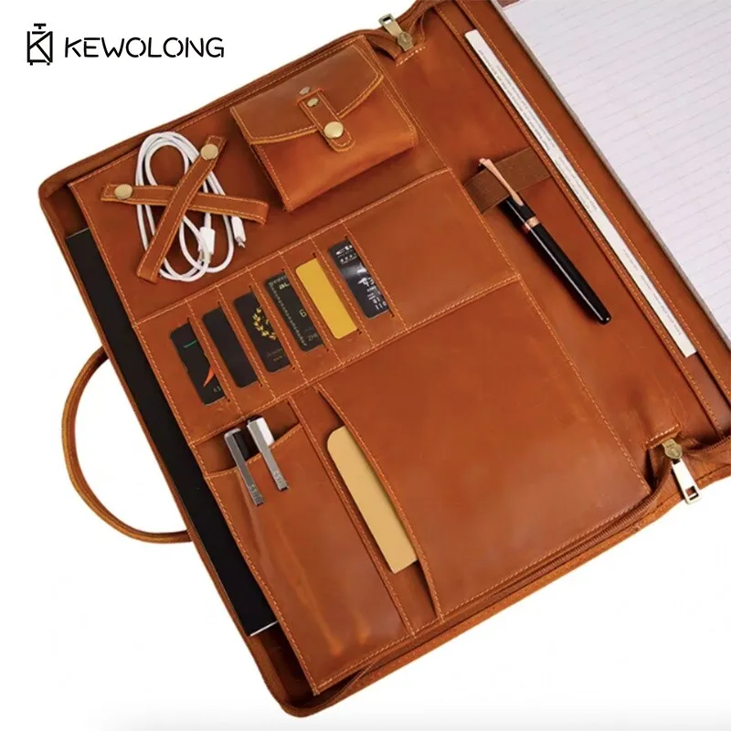 حقيبة كمبيوتر محمول جلدية عتيقة مقاس 15.6 بوصة مع حجرة مجلد الملفات، حقيبة حمل عمل متعددة الوظائف للأعمال
