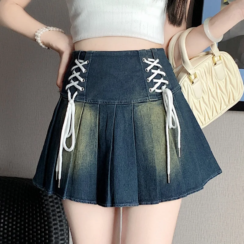 

Seoulish Sweet Women's Pleated Jeans Skirts 2025 New Spring Summer Fashion Solid Lace Up Ladies A-line Denim Mini Skirts Female