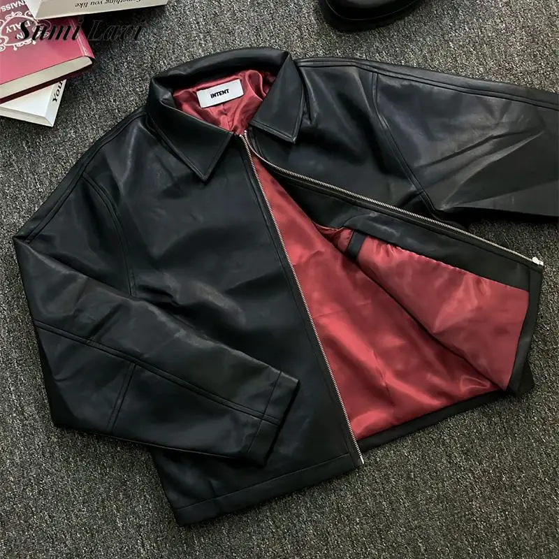 

Vintage Turn-down Collar PU Leather Jacket Mens Fall Winter Casual Solid Color Zipper Jacket Coat Men's Fashion Slim Short Coats