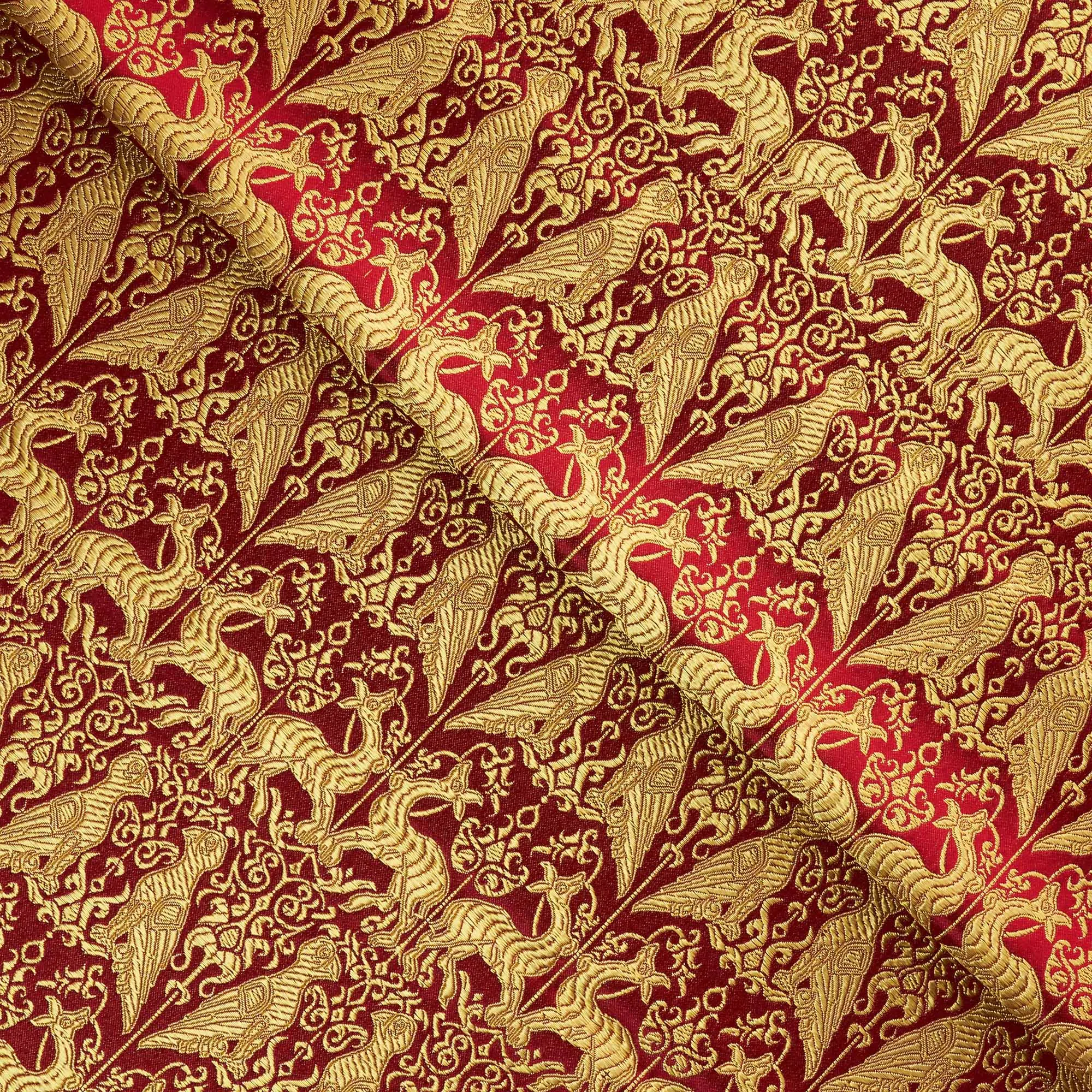 Red ground gold spirit bird  deer jacquard woven brocade Chinese style dress fabric