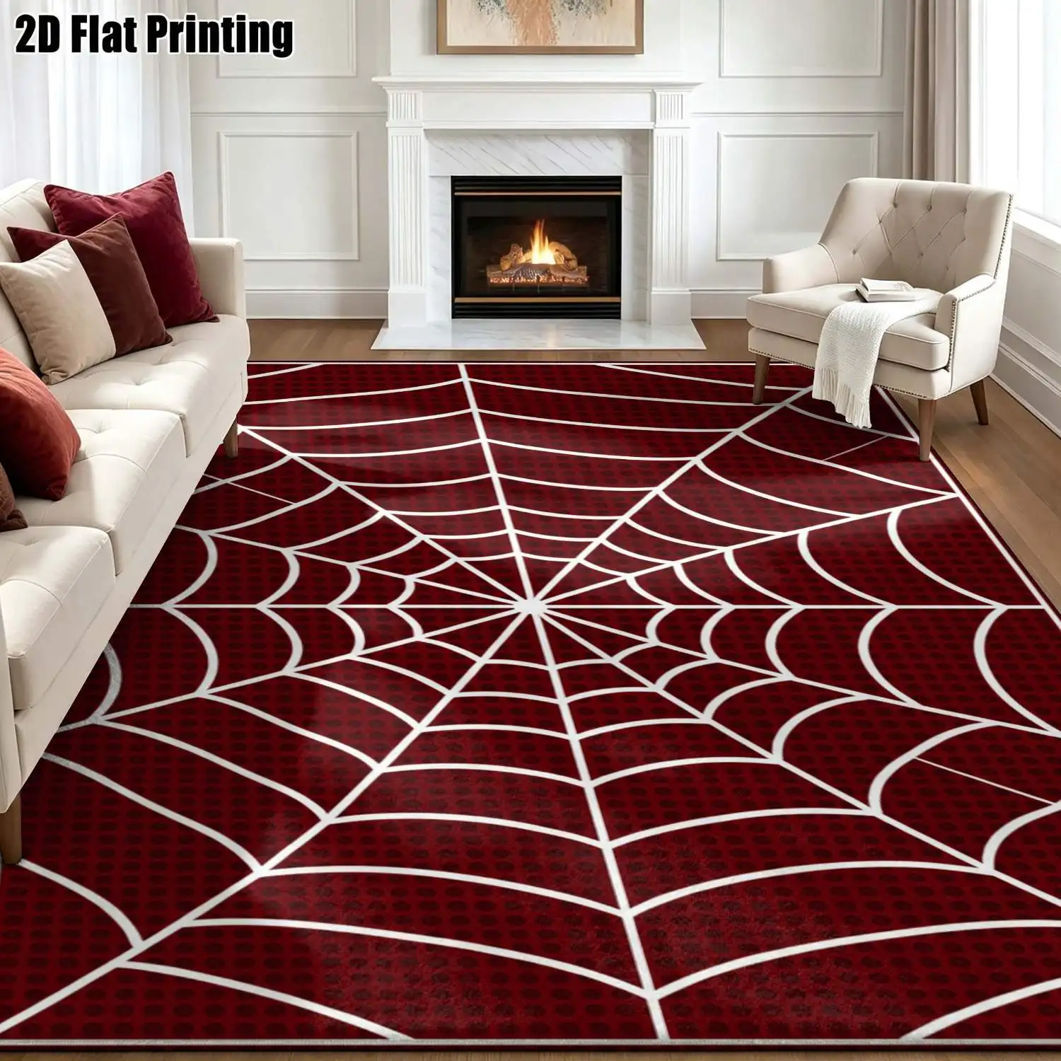 1Pc 2D Printed Burgundy Geometric Spider Web Pattern Carpet Nordic/Instagram/Modern Minimalist/European/Vintage Style, Home Decor, Multi-Size, Machine Washable, Suitable for Entrance, Dining, Foyer, Bedroom, Living Room.