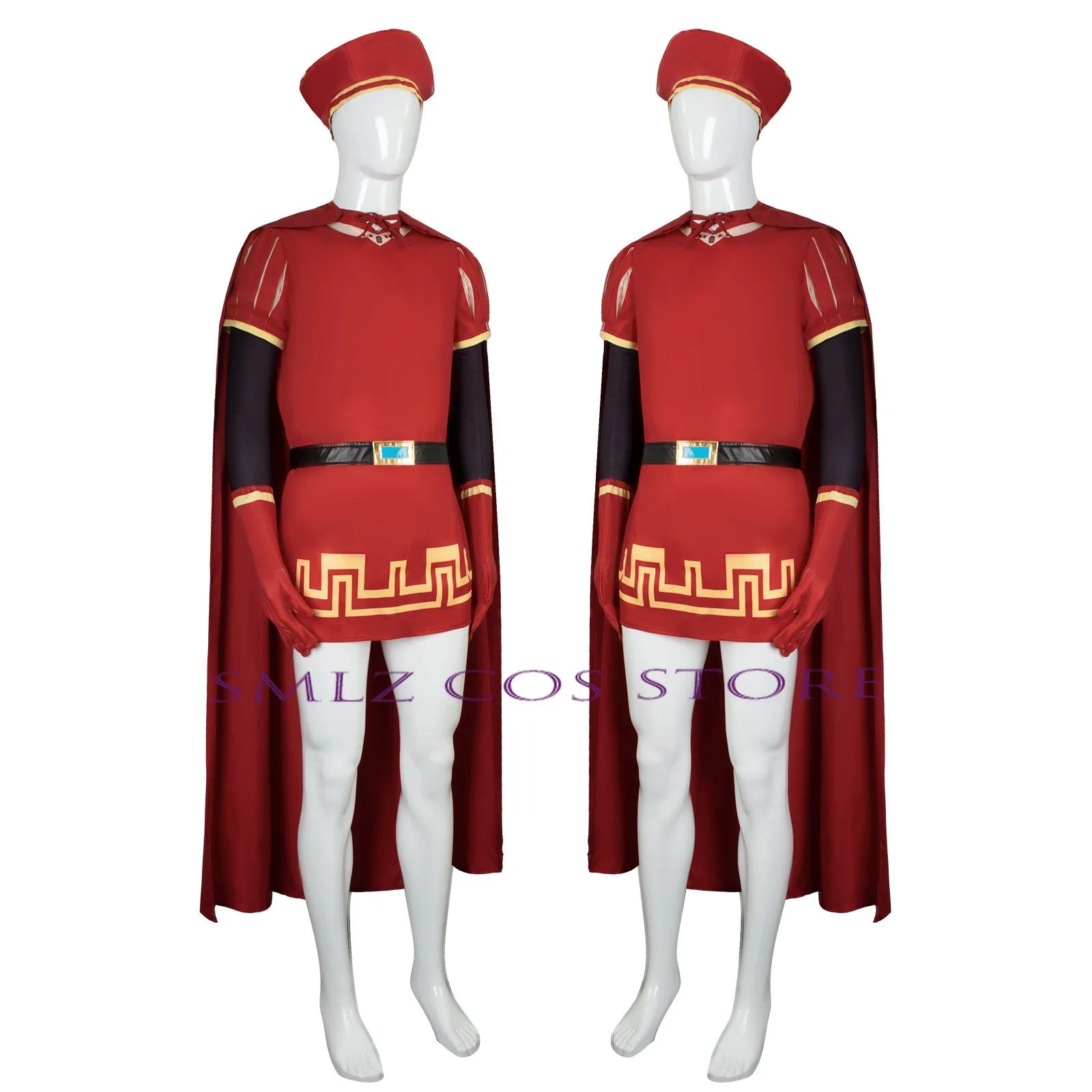 Lord Farquaad Cosplay Anime Kostüm Uniform Umhang Handschuh Hut Set mittelalter liche Cosplay Halloween Party rot Outfit für Kinder Frauen Männer