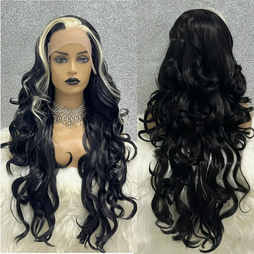 Highlight Black Coled Cosplay 13X3.5 Lace Front Pruik Losse Golf Lijmloze Pretokkel Drag Queen Synthetische Pruiken Voor Vrouwen